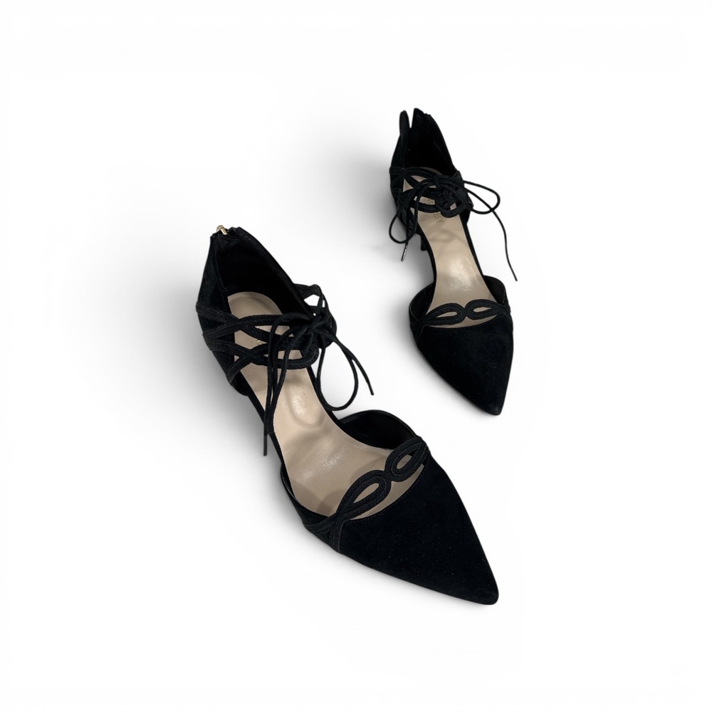 Nine West Womens Black Suede Pointed Toe Lace Up Strappy Pumps Size 8.5 EUC